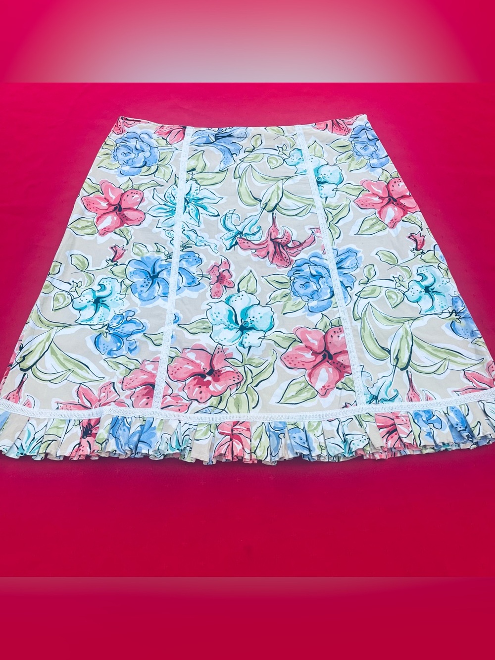 R Q T Cotton Floral A-Line Skirt in Coral, Aqua & Blue